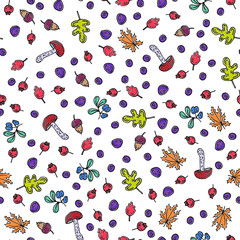 Seamless autumn pattern with mushrooms, berries and leaves. Forest theme, warm colors