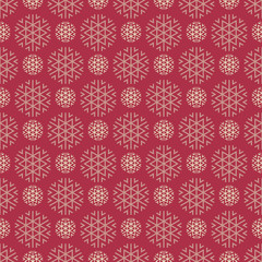 Seamless pattern with snowflakes on dark red background. Vector art.