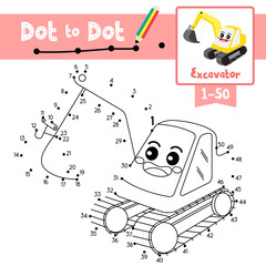 Dot to dot educational game and Coloring book Excavator cartoon character perspective view vector illustration