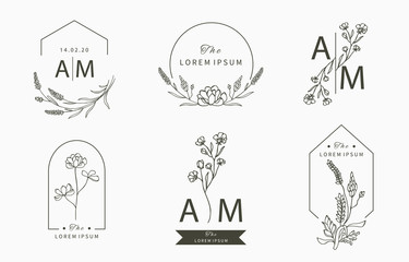 Black flower logo collection with leaves,geometric.Vector illustration for icon,logo,sticker,printable and tattoo