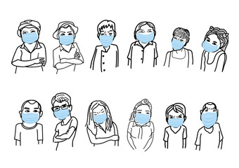 Drawing group of people wear surgical mask.