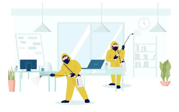 Office Disinfection, Coronavirus Disease Prevention, Vector Flat Illustration