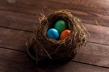 Bird's nest with eggs painted in three different colors. Easter celebration concept.