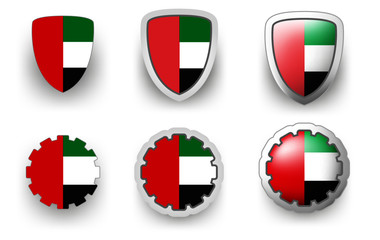 6 United Arab Emirates vector icons button shield and gear, flat and volumetric style in flag colors green, red, black, white for flyer any holiday design or poster