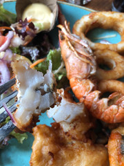 Focus on a fried fish meat with the fried shrimp, fried fish, fried calamari, salad, tartar sauce and mayonnaise on a plate