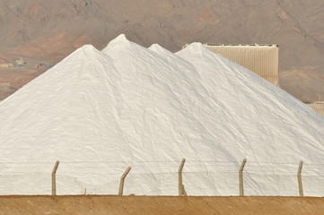 Heap of salt on settling tanks at the Eilat factory. Israel and the production of salt, a valuable mineral.