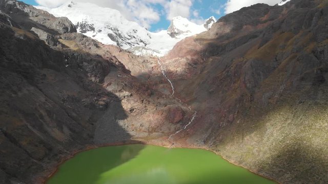 Shallap, the green lake in peruvian andes, amazing reversal shot panoramic view of the glacier mountain, river an lake products of the global warming effects