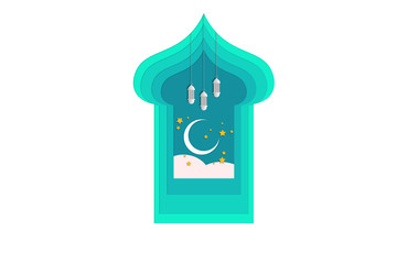 Obraz premium Papercut illustration of mosque shape, cloud, star arabic lamp and crescent moon on green. Holiday and religion concept.