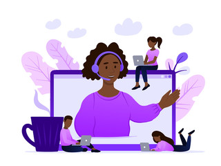 Concept customer and operator, online technical support 24-7 for web page. Vector illustration african american female hotline operator advises client. Online assistant, virtual help service.