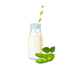 Dairy-free soy milk bottle with straw, green soybean pod with leaves. Vector illustration cartoon flat icon isolated on white.