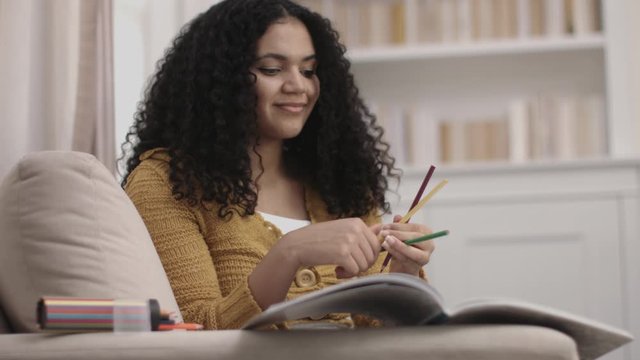 Young Female colouring book with pencil on sofa in living room
