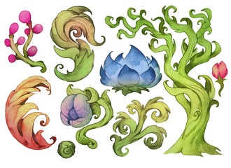 Abstract watercolor floral pattern objects. Surreal fantasy tree and flowers. Hand drawn plants with a paper texture.