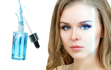 Beautiful face of adult woman near blue cosmetic bottle.