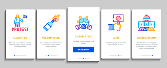 Protest And Strike Onboarding Mobile App Page Screen Vector. Plant Workers Protest, Respiratory Mask And Burning Liquid Bottle, Police Tool And Van Color Contour Illustrations