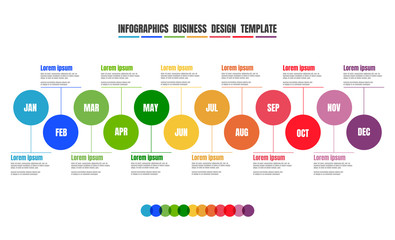 Infographics full year timeline colorful template design with all months for business concept. Vector illustrator
