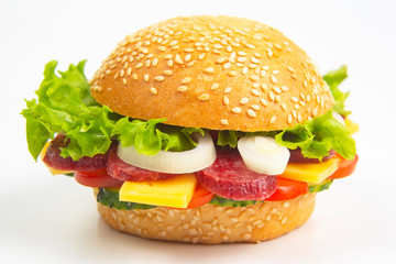 Hamburger with vegetables and sausage on a white background. Fast food and breakfast. Calories and diet.