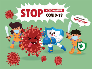 Vector cartoon hero character fighting with virus. COVID-19 Novel Coronavirus illustation.