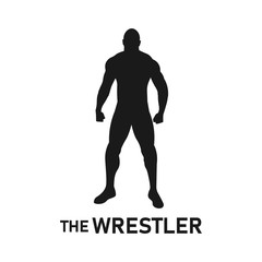 Pro wrestler silhouette logo concept. Standing muscular man pose. Male professional weight lifter icon. Body muscle sign or symbol. Gym training exercise - Simple vector black and white illustration.