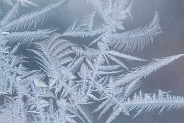 frosty patterns on the window glass closeup. natural textures and backgrounds. ice patterns on...