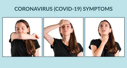 Young woman with symptoms of coronavirus - sneezing, cough, high temperature and sore throat.