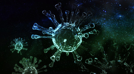 Image of Flu COVID-19 virus cell under the microscope on the blood.Coronavirus Covid-19 outbreak influenza background.Pandemic medical health risk concept with disease cell as a 3D render.isolated.