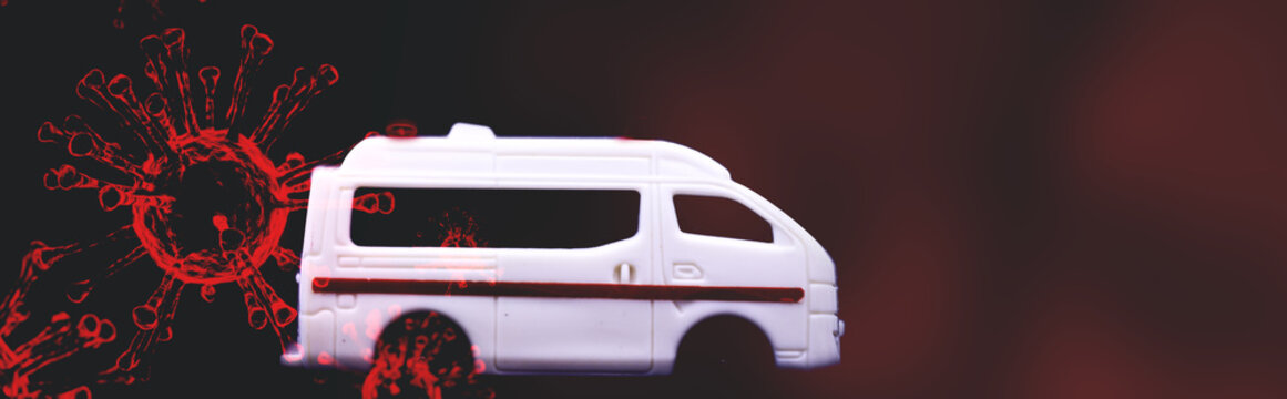 Coronavirus Covid-19 pandemic global crisis.Ambulance for accepting infection coronavirus patients to hospital.white ambulance car with virus covid19 background.Copy space.