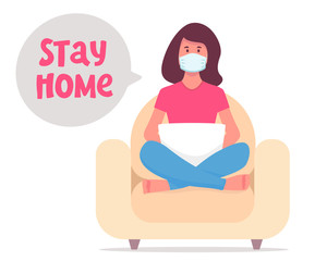 Girl with laptop on medical mask. Freelance or studying concept.on the notebook, studying, browsing internet, chatting, blogging. Online education or freelance concept. Stay home. Social distancing