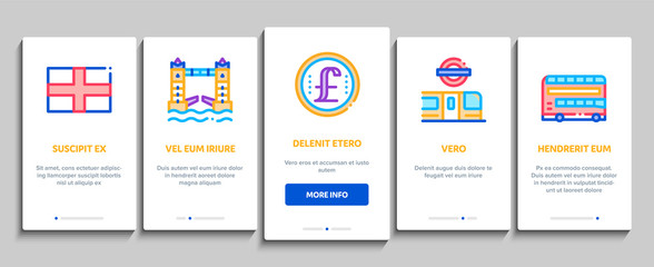 England United Kingdom Onboarding Mobile App Page Screen Vector. England Flag And Pound Sterling Coin, Bus And Cab Taxi, Big Ben And Tower Bridge Color Contour Illustrations