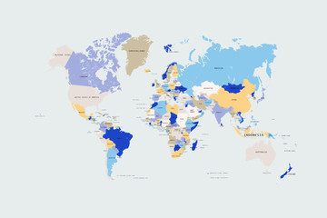 Fototapeta premium Mapa świata w kolorze. kolorowe nazwy krajów i krajów świata. ilustracji wektorowych.