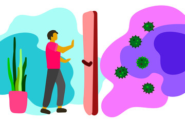 Stay home concept. Isolated man is protected from infections, coronavirus. Character with raised hands a stop covid-19 symbol on a liquid background. Man in home quarantine. Vector stock illustration