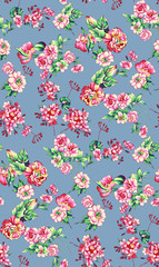 Shabby chic vintage roses, tulips and forget-me-nots vintage seamless pattern, classic chintz floral repeat background for web and print