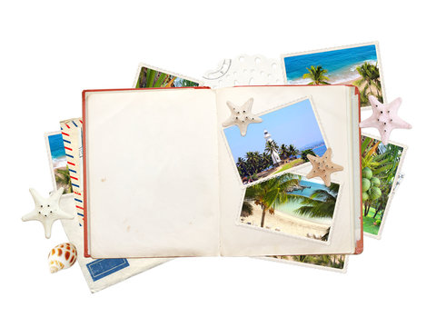 Vintage travel background with retro photos and book