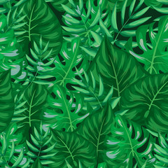 Naklejka na ściany i meble Tropical plants and flowers. Green leaves on a green background. Seamless pattern. Isolated vector illustration.
