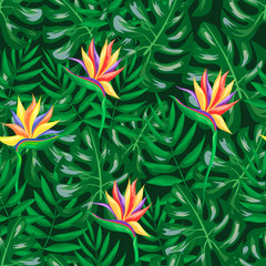 Tropical plants and flowers. Green leaves on a green background. Seamless pattern. Isolated vector illustration.