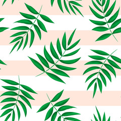 Tropical plants and flowers. Green leaves on a white and pink background. Seamless pattern. Isolated vector illustration.