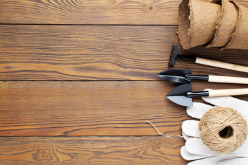 Gardening tools at wooden background with copy space.