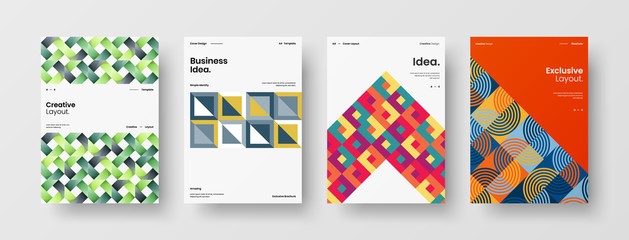 Fototapeta premium Business presentation vector A4 vertical orientation front page mock up set. Corporate report cover abstract geometric illustration design layout bundle. Company identity brochure template collection.