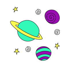 Planets, dark holes, stars, satellites, space objects. Design element, icon on the theme of cosmos, UFO. Doodle color vector illustration