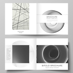 The vector layout of two covers templates for square design bifold brochure, magazine, flyer, booklet. Geometric abstract background, futuristic science and technology concept for minimalistic design.