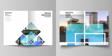 Vector layout of two A4 format modern cover mockups design templates for bifold brochure, magazine, flyer, booklet, annual report. Creative trendy style mockups, blue color trendy design backgrounds.