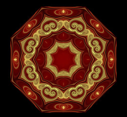 Abstract  golden pattern on a burgundy background. Mandala. Kaleidoscope