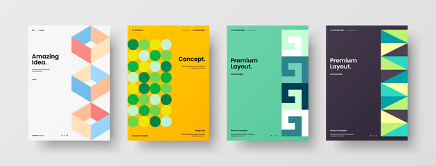 Business presentation vector A4 vertical orientation front page mock up set. Corporate report cover abstract geometric illustration design layout bundle. Company identity brochure template collection.