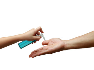 Kid’s hand using cleaning alcohol gel sanitizer pump for cleaning men’s hands isolated on white background, COVID-19 protection concept, clipping path