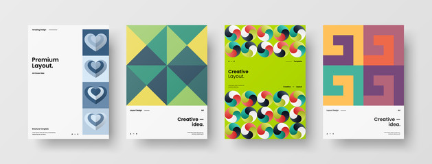 Business presentation vector A4 vertical orientation front page mock up set. Corporate report cover abstract geometric illustration design layout bundle. Company identity brochure template collection.