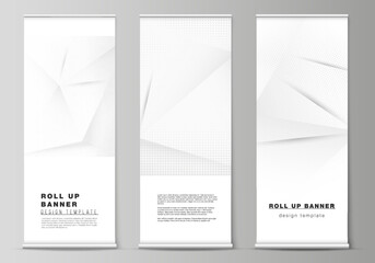 Vector layout of roll up mockup design templates for vertical flyers, flags design templates, banner stands, advertising design. Halftone dotted background with gray dots, abstract gradient background