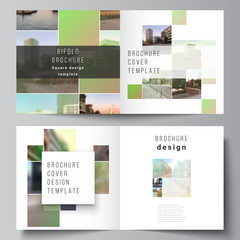 Fototapeta na wymiar Vector layout of two covers templates for square design bifold brochure, flyer, magazine, cover design, book design, brochure cover. Abstract project with clipping mask green squares for your photo.