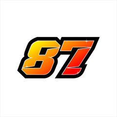 Vector racing number 87, start racing number, sport race number isolated on white background