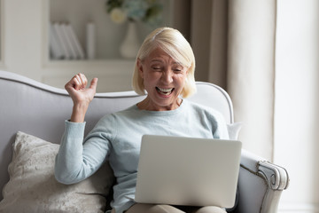 Overjoyed mature grandmother relax on sofa at home feel euphoric reading good news on laptop,...