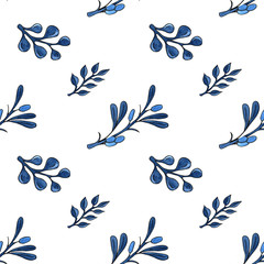 watercolor illustration. hand painted. Seamless pattern of blue varied branches with leaves on a white background.