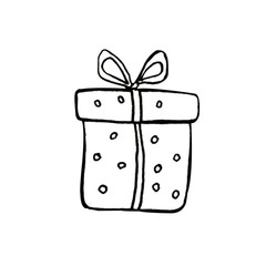 illustration in black pencil. hand painted. one isolated gift box with ribbon on a white background.
